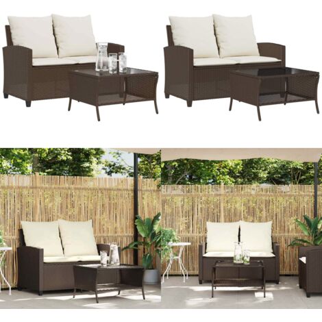 Sofá jardín de 2 plazas con cojín y mesa marrón ratán sintético - Cojín de asiento - Mesa de jardín