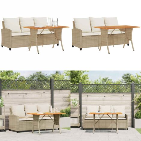 Sofá jardín de 3 plazas con cojín y mesa beige ratán sintético - Mesa de jardín - Cojín de asiento