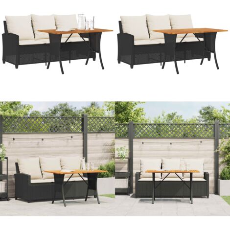 Sofá jardín de 3 plazas con cojín y mesa negro ratán sintético - Cojín para sofá - Mesa de jardín
