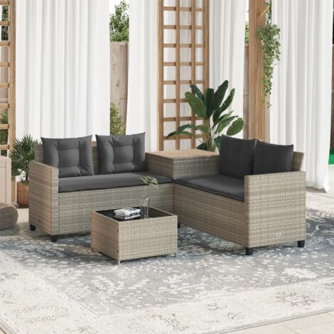 Sofá jardín forma de L con mesa y cojines ratán PE gris claro