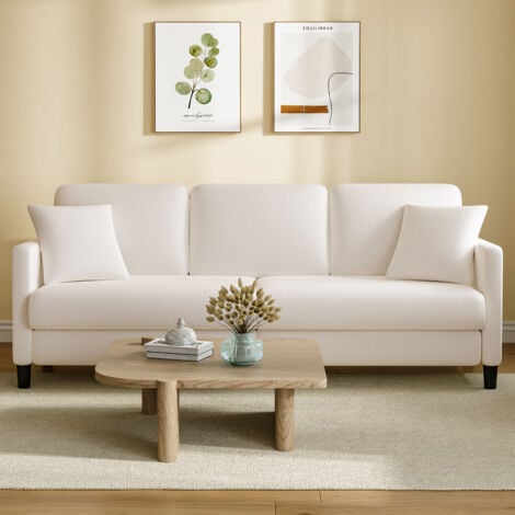 NECHE Sofá moderno de 3 plazas en terciopelo Teddy, amplio sofá recto de madera maciza con reposabrazos, 3 cojines y 2 almohadas, 210 x 79 x 89 cm,Beige