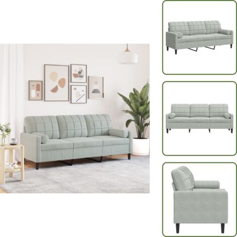 Sofá moderno - vidaXL Sofá de 3 plazas con cojines terciopelo gris claro 180 cm - Sofá de sala