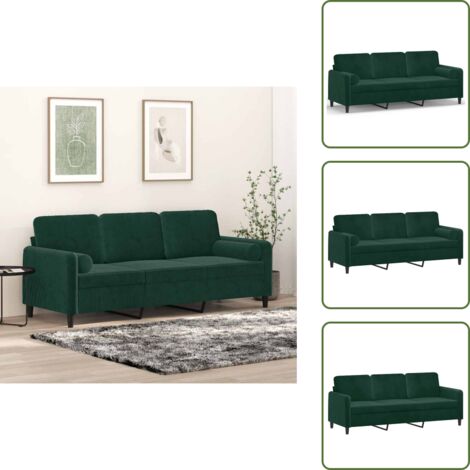 Sofá moderno - vidaXL Sofá de 3 plazas con cojines terciopelo verde oscuro 180 cm - Sofá con almohadas