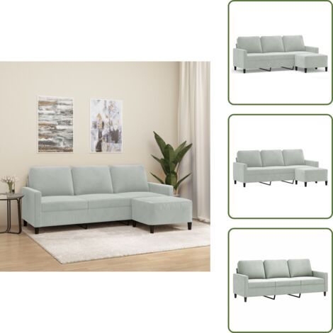 Sofá moderno - vidaXL Sofá de 3 plazas con taburete de terciopelo gris claro 180 cm - Sofá para sala