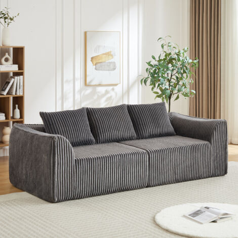 Sofá modular 235 cm en pana gris, líneas curvas, asiento extra ancho, no requiere montaje, 2 cojines