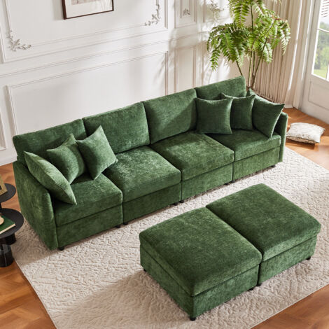 Sofá modular 4 plazas, composición en U o L con 2 puffs, en chenilla, verde