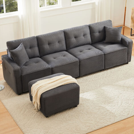 Sofá modular 4 plazas en terciopelo acanalado gris con almacenamiento y puf móvil