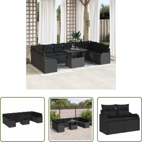 Sofá modular -  Conjunto de sofá de jardín 11 pcs Negro Rattan de Poliéster