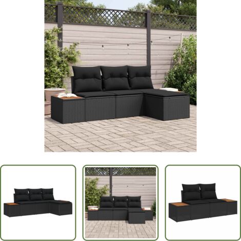 Sofá modular -  Conjunto de sofá de jardín 4 pcs Negro Rattan de Poliéster