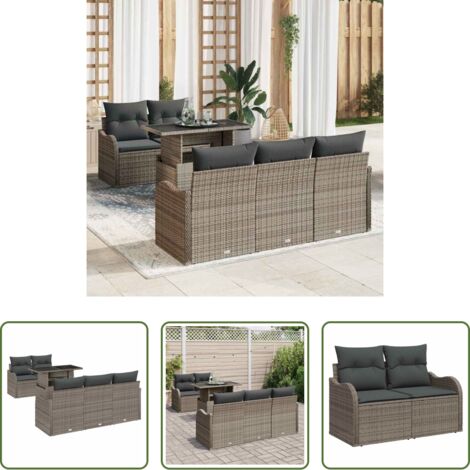 Sofá modular -  Conjunto de sofá de jardín 6 pcs Gris Rattan de Poliéster