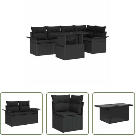 Sofá modular -  Conjunto de sofá de jardín 6 pcs Negro Rattan de Poliéster