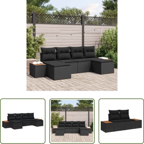Sofá modular -  Conjunto de sofá de jardín 6 pcs Negro Rattan de Poliéster