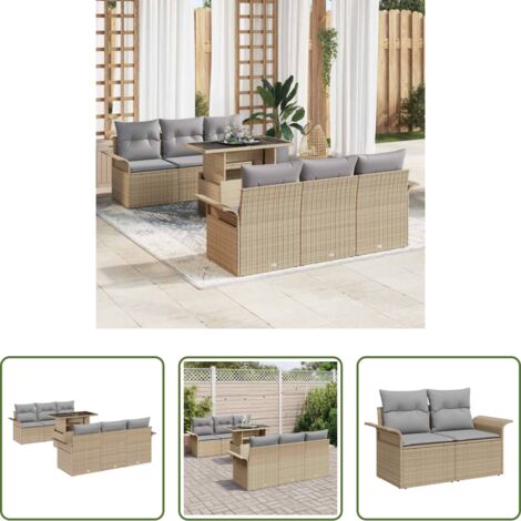 Sofá modular -  Conjunto de sofá de jardín 7 pcs Beige ratán sintético