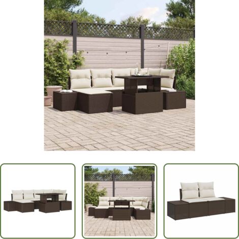 Sofá modular -  Conjunto de sofá de jardín 7 pcs Marrón Poliratán