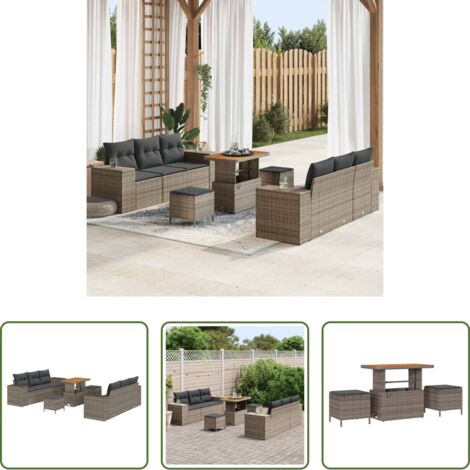 Sofá modular -  Conjunto de sofá de jardín 9 pcs Gris Rattan de Poliéster