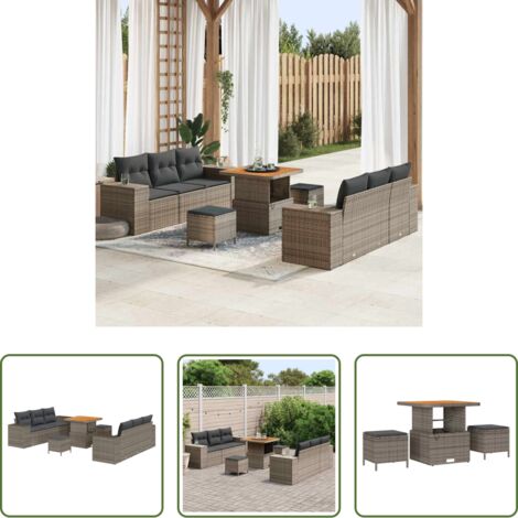 Sofá modular -  Conjunto de sofá de jardín 9 pcs Gris Rattan de Poliéster