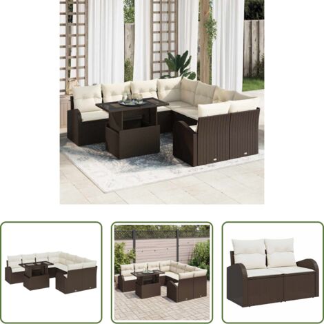 Sofá modular -  Conjunto de sofá de jardín 9 pcs Marrón Rattan de Poliéster