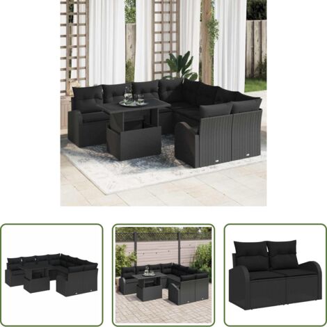 Sofá modular -  Conjunto de sofá de jardín 9 pcs Negro Rattan de Poliéster
