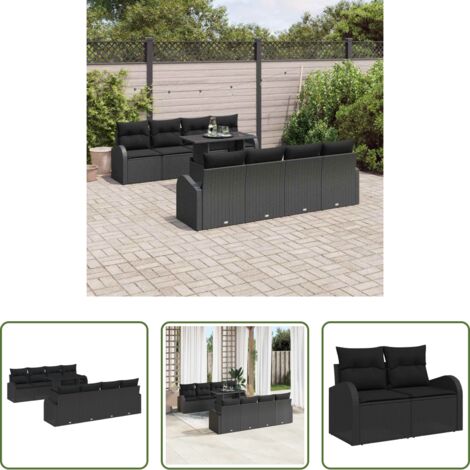 Sofá modular -  Conjunto de sofá de jardín 9 pcs Negro Rattan de Poliéster
