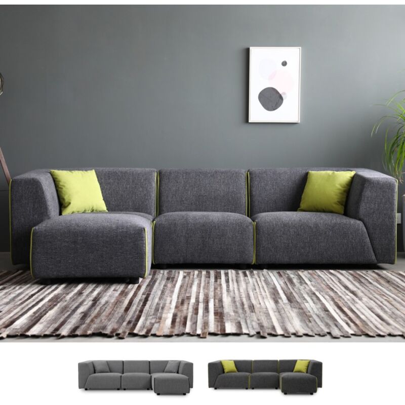

Sofá modular de 3 plazas de estilo moderno en tejido con puf Jantra | Color: Gris Oscuro