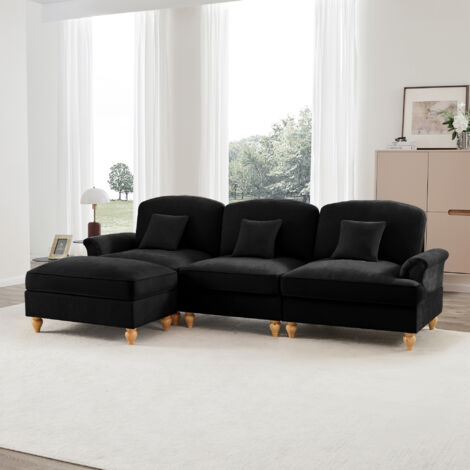 Sofá modular de 3 plazas en forma de L, estilo mediados de siglo, chenilla negra, respaldo segmentado, otomana móvil y faldones extraíbles