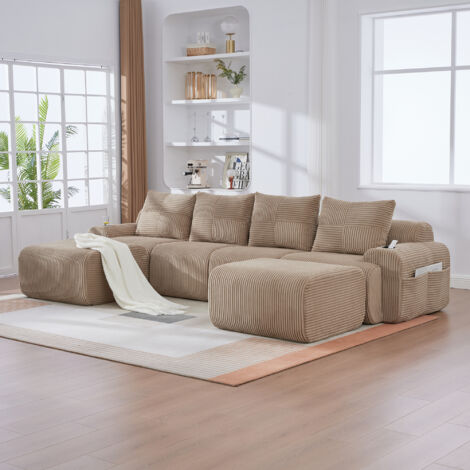 Sofá modular de pana caqui 4 plazas 333x174x80 cm con portavasos y bolsillo lateral