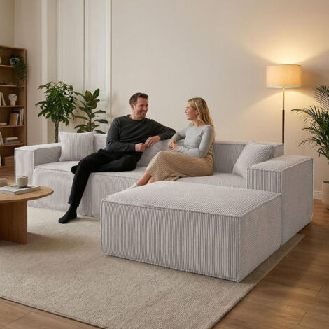 Sofá modular de pana estructurada beige con espuma, 3 plazas, asiento profundo, portavasos y bolsillo lateral