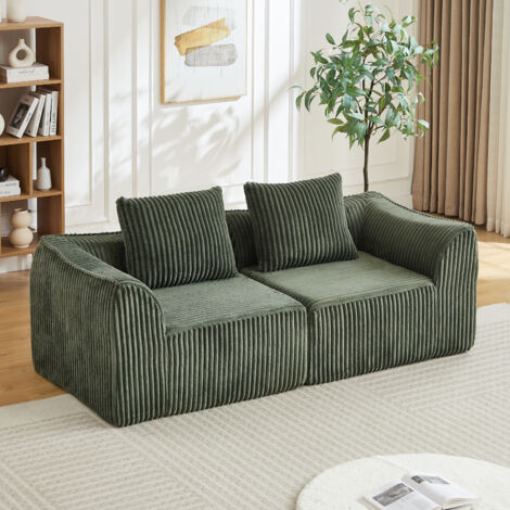 Sofá modular de pana verde con 2 cojines, asiento extra ancho, no requiere montaje, para salón