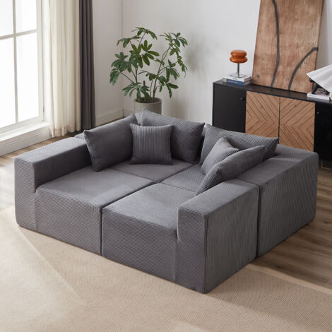 Sofá modular en L de pana gris con espuma, diseño minimalista, sin montaje y fácil de mover, 4 piezas