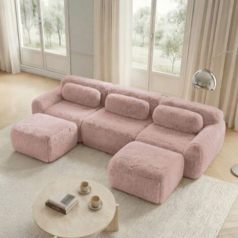 Sofá modular esquinero en L - 291 x 179 x 73 cm - Sofá profundo de tejido peluche con 2 otomanas y cojines - Rosa