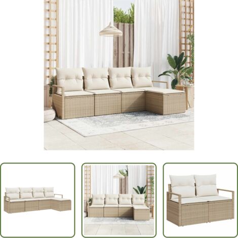 Sofá modular -  Juego de Sofá con cojín 5 pcs Beige y Crema ratán sintético