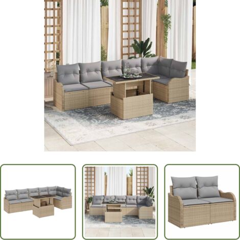 Sofá modular -  Juego de Sofá con cojín 7 pcs Beige Poliratán