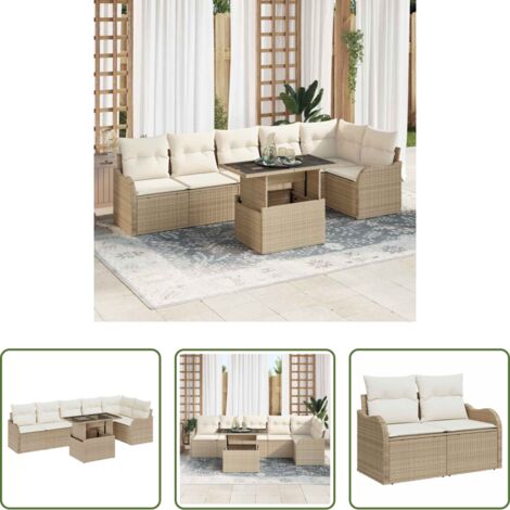 Sofá modular -  Juego de Sofá con cojín 7 pcs Beige Poliratán