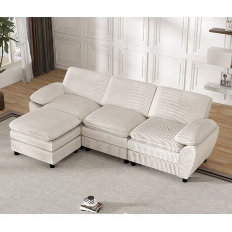 Sofá modular Neche de 3 plazas, tapizado en pana, cama con otomana extraíble, 258 cm de largo, blanco