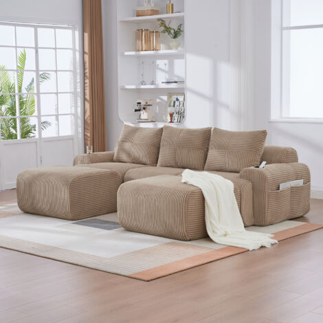 Sofa, modulares 3-Sitzer Cordsofa in Khaki, 268x174x66 cm, mit 2 Hockern, Cupholder und Seitentasche