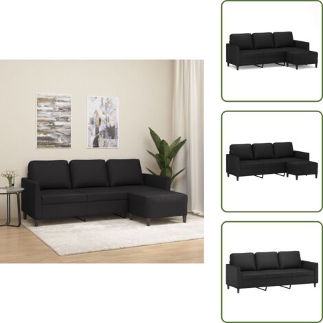 Sofá negro - vidaXL Sofá de 3 plazas con taburete cuero sintético negro 180 cm - Sofá moderno