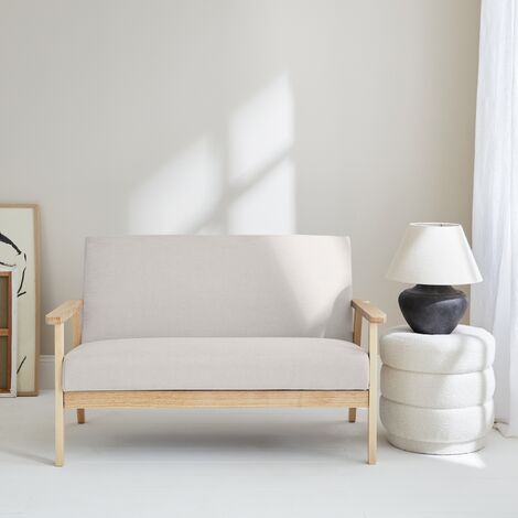 Sofá o banco con tela y patas de madera, 2 plazas, Isak, Beige, 114x69.5x73 cm