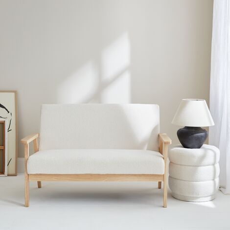 Sofá o banco de borreguito y patas de madera, 2 plazas, Isak borreguito, Borreguito blanco, 114x69.5x73 cm
