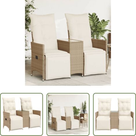 Sofá reclinable -  Sofá de jardín reclinable de 2 plazas con mesa ratán PE beige