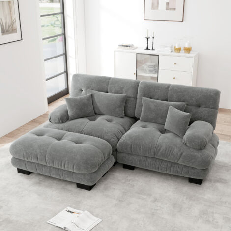 Sofá recto 2 plazas, con reposapiés - 2 cojines lumbares y 2 decorativos, reposabrazos anchos - Confort mullido, pelo/ felpa - Gris