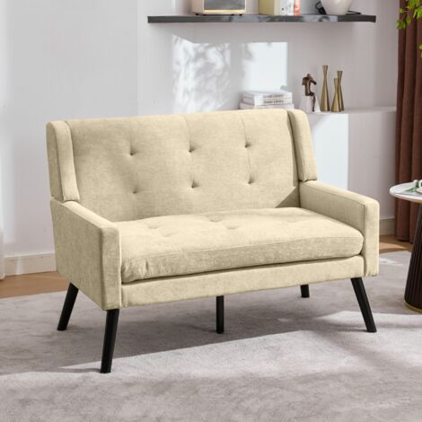 Sofá recto de 2 plazas capitoné, asiento de espuma de alta densidad, patas de madera antideslizantes, 119×75×88 cm, lino beige