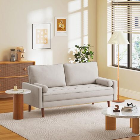 KEEPBUYING Sofá recto de 3 plazas en tejido de lino moderno, cojín de asiento tapizado, con reposabrazos, patas de madera maciza, 173L x 77W x 84Hcm, beige