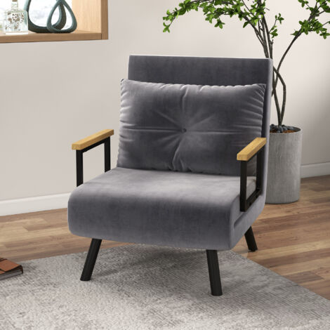 Sofá respaldo 5 posiciones Tapizado terciopelo Estructura acero Brazos madera de caucho color gris oscuro