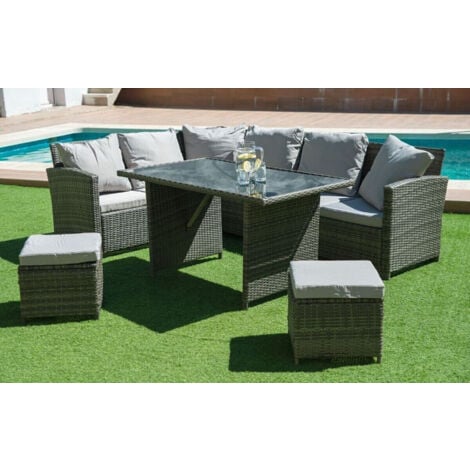 SALDOSYSTOCKS Sofa Rinconera + Mesa + 2 puffs de Ratan PE. Muebles de Jardin y Terraza