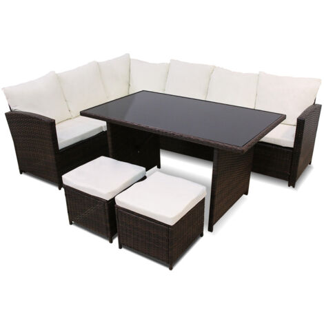 Sofa Rinconera + Mesa + 2 puffs de Ratan PE. Muebles de Jardin y Terraza
