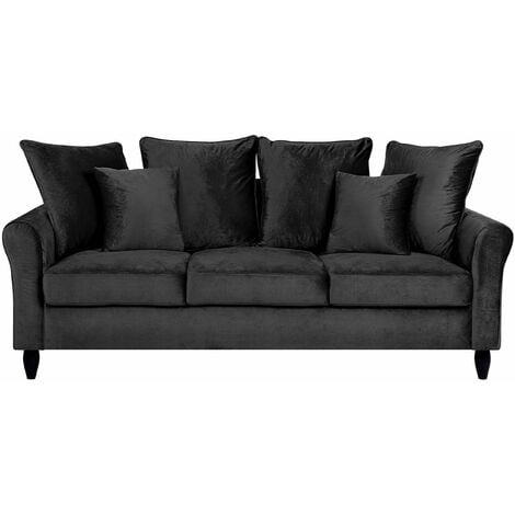 Sofa Schwarz Samtstoff 3-Sitzer Traditionell Modern Zierkissen Wohnzimmer