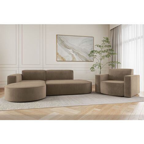 Sofa Set 2-teilig Sessel und Ecksofa PALMA XS Stoff Noel Braun Ottomane Links