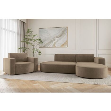 Sofa Set 2-teilig Sessel und Ecksofa PALMA XS Stoff Noel Braun Ottomane Rechts