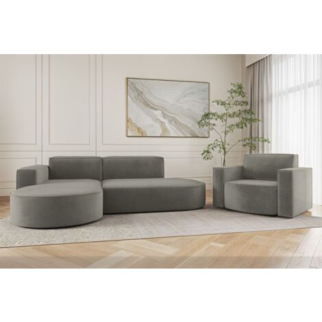 Sofa Set 2-teilig Sessel und Ecksofa PALMA XS Stoff Noel Grau Ottomane Links