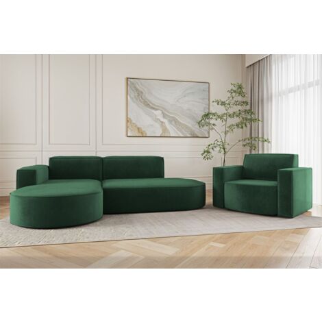 Sofa Set 2-teilig Sessel und Ecksofa PALMA XS Stoff Noel Grün Ottomane Links